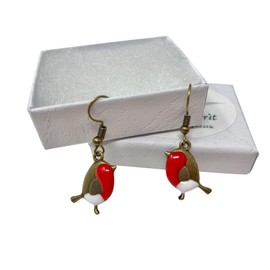 Robin bird dangle earrings hand resin enamelled in gift box. (BronzeRobinFH)