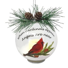 Memorial Cardinal Christmas Ornament - When Cardinals Appear Angels are Near - Bulb Ornament with White Glittery Snow - 4" Diameter