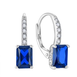 FJ Princess Cut Dangle Drop Earrings 925 Sterling Silver Leverback Square Solitaire Earrings Sapphire September Birthstone Jewelry for Women