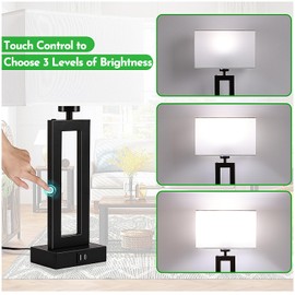 Lamps for Bedrooms - Set of 2 Modern Table Lamps with Touch Control, 3 Way Dimmable, USB C&A Charging, White&Black