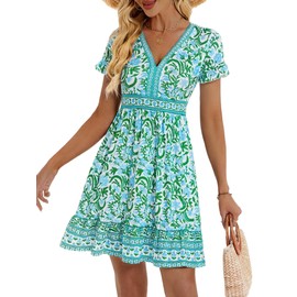 OURIN Summer Wedding Guest Tropical Floral Sundress Beach Vacation Dresses V Neck Western Boho Dress for Women 2025 Over 50(Green Blue,X-Large)