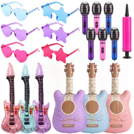 Duraaamo 19 Pcs Pcs Kpop Disco Theme Inflatable Party Props Set 6 Microphones, 6 Guitars, 6 Colorful Glasses, Inflatable Party Accessories for Kpop Music and Dance Themed Celebrations