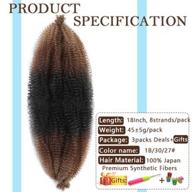 Afro Twist Hair Pre Separated Springy Afro Twist Hair Pre stretched Wrapping Hair for Soft Locs Afro Spring Twist Hair Marley Twist Braiding Hair Extensions (18 Inch (Pack of 3),1B/30/27#)