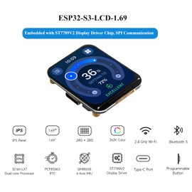 ESP32-S3 Development Board with 1.69inch LCD IPS Display 240×280 Pixels 262K Color,USB Type-C Embedded ST7789V2 Display Driver, Accelerometer and Gyroscope Sensor, Support 2.4GHz W-i-F-i/Blue-too-th 5