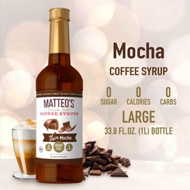 Matteo's Barista Style Sugar-Free Coffee Syrup, Mocha Flavor, Zero Calories and Sugar, Keto Friendly, Ideal for Lattes, Cappuccinos, Espresso, Americano, Indulgent Taste 33.8 Oz, 1-Pack