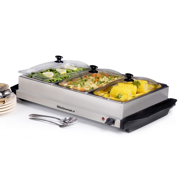 Elite Gourmet EWM-6171# Triple 3 x 2.5 Qt. Trays, Buffet Server, Food Warmer Temperature Control, Clear Slotted Lids, Perfect for Parties, Entertaining & Holidays, 7.5 Qt Total, Stainless Steel
