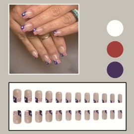 YoYoee Short Square Press on Nails Independence Day Nails Tips French False Nails Full Cover Cute Fake Nails for Women and Girls 24PCS