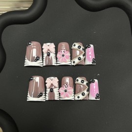 10 Pcs Handmade Duck Press on Nails Medium 3D Flower Fake Nails with Glue,with 3D Bow Black Rhinestone Designs Gradient False Nails Glossy Full Cover Artificial Acrylic Nail Press Ons for Women (S)