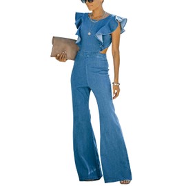 Omoone Womens Flared Denim Overalls Jumpsuit Ruffle Sleeves Backless Stretchy Blue Jean Romper(3219-Blue-S)