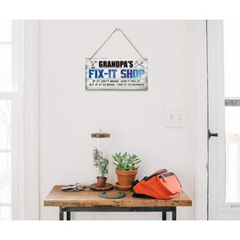 Vintage Style Sign, Grandpa's Fix-It Shop If It Ain't Broke, Don't Fix It. But If It Is Broke, Printed Wood Wall Art Sign, Gift for Grandpa 12x6 in