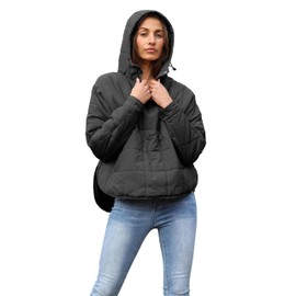 Freyhem Women's Pullover Puffer Jacket Quilted Lightweight Dolman Sleeve Button Down Hooded Padded Coat with Pocket(Black-Small)