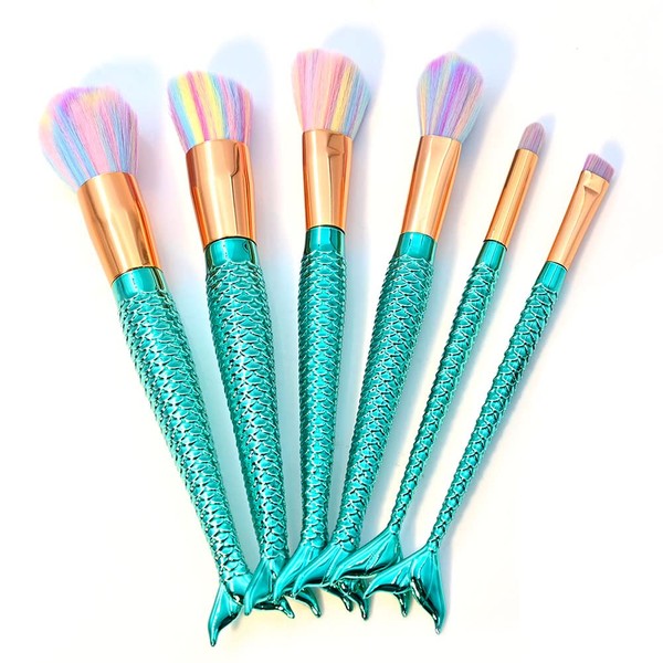 Dolovemk 6pcs Mermaid Makeup Brush Set Fish Tail Powder Foundation Blush Face Blending Brush Set (Blue)
