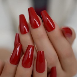 iBeautying Press on Nails - China Red Solid Color False Nails | Ballerina Long Coffin Shape Reusable Fake Nails in 10 Sizes - 24 Nail Kit with Jelly Glue Pad