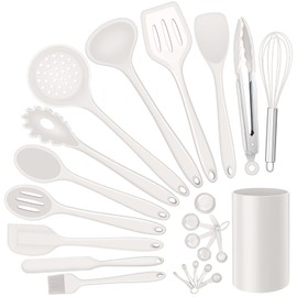 Silicone Kitchen Utensils Set, E-far 23 Pcs White Cooking Utensils Tools with Holder for Nonstick Cookware, Include Spatula/Spoon/Ladle/Tongs/Turner, Heat Resistant & Nontoxic, Dishwasher Safe