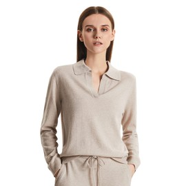 GreenMount Women's Deep V-Polo Casual Loose Cashmere Sweater Pullover Lapel Long Sleeve for Women Keep 37.5° Warm Khaki