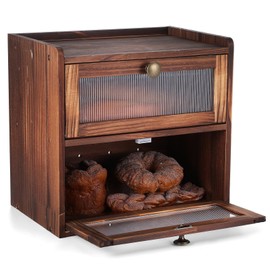 Cabilock Rustic Wooden Double Layer Bread Box for Kitchen Countertop Large Capacity Bread Storage Organizer with Windows Farmhouse Style Food Holder for Pantry Shelf