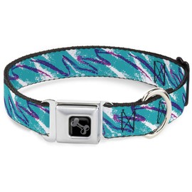 Dog Collar Seatbelt Buckle Jazzy Wave Scribble White Teal Purple 11 to 17 Inches 1.0 Inch Wide