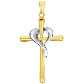 14k Two-Tone Gold Religious Cross and Heart Pendant, White Gold, not-applicable
