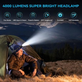 Sinvimes 4000 High Lumen LED Rechargeable Headlamp, 95H Long Battery Life Head Lamp with 5 Modes & IPX7 Waterproof & Zoomable, 120° Adjustable Head Light for Adults, Outdoor, Camping, Hardhat