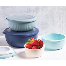 CHONYI Mixing Bowl Set with Lids,4 Pcs Wide and Deep Prep Bowls, Plastic Small Bowls, Space-Saving Nesting Design for Kitchen Mixing,Serving, and Storage (Blue)