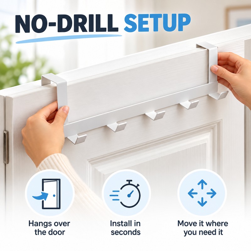 Over The Door Hook Hanger – 5-Hook Metal Door Organizer