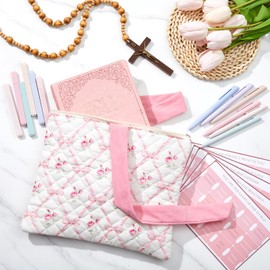 Pink Bible Cover for Women, Quilted Bow Bible Case with Zipper, Bibles Study Kit Organizer with Tabs Pens Highlighters, Cute Christian Gifts for Women Mom Church Travel