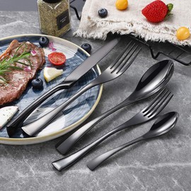 Lemeya 20-Piece Black Silverware Set,18/10 Stainless Steel Cutlery Utensils Modern Flatware Set Service for 4,Include Knife/Fork/Spoon, Mirror Polished,Dishwasher Safe