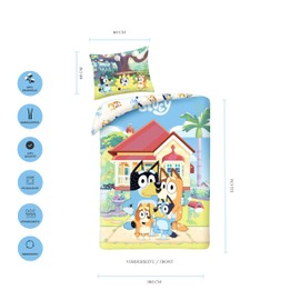 MTOnlinehandel Bluey Bed Linen 100 x 135 cm, 40 x 60 cm, 100% Cotton, Bluey Bingo Baby Bed Linen for Girls and Boys, Colourful, Small Children's Bed Linen with Zip