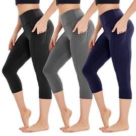 HIGHDAYS - Paquete de 3 leggings para mujer con bolsillos, cintura alta, pantalones capri para entrenamiento, correr, yoga, Capri (Negro/Gris/Azul Marino), 4X-Large