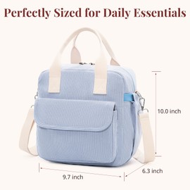 Lunch Bag for Women, Corduroy Insulated Lunch Box, Large Crossbody Cooler with Adjustable Strap, Reusable Blue Lunch Bags for Work School or Picnic