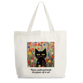Cat Tote Bag for Women, Never Underestimate The Power Of A Cat Canvas Tote, Cat Lover Gift Bag, Floral Black Cat Library Book Bag, Inspirational Shoulder Bag Gifts for Cat Lovers Cat Mom Friends -68
