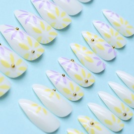 RUOKEXIN Almond Press on Nails Short Fake Nails Spring False Nails with Flower Designs Glue on Nails Short Almond Nail Press ons Sparkly Artificial Nails Cute Stick on Nails for Women 24Pcs