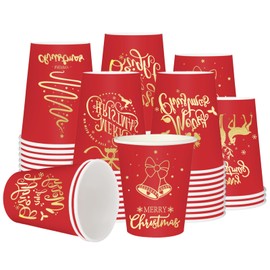 JarThenaAMCS 60Pcs Merry Christmas Paper Cups Red Gold Foil Xmas Tree Reindeer Disposable Cups 9 Oz Party Cups For Party Table Decor Supplies, 6 Designs
