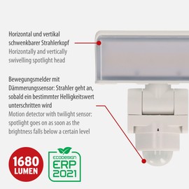 Brennenstuhl WS 2050 WP/LED Outdoor Spotlight with Motion Sensor 20 W (1680 lm, IP44, 3000 K, Warm White Light, 180° Detection Angle with up to 10 m Range, with Twilight Sensor) White