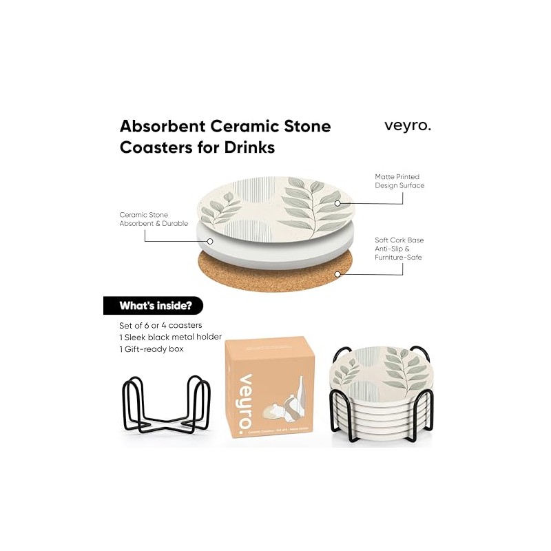 VEYRO Absorbent Ceramic Coasters Set of 6 with Holder