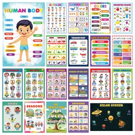 VI_CHAIN Set of 20 Educational Posters for Toddlers 1-3, Laminated Toddler learning posters Waterproof with Alphabet, Numbers, Colors, Shapes, among others, Preschool Whiteboard - marker writable.