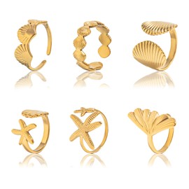 6PCS Gold Seashell Rings for Women - Chunky Starfish Beach Rings, Gold Plated Stackable Summer Jewelry, Boho Ocean Statement Rings for Vacation & Coastal Accessories（Perfect Gifts and Decoration）