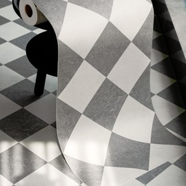 auxua Peel and Stick Floor Tile, Grey Checked Pattern Continuous Vinyl Roll Flooring – 15.7'' x 19.68 ft Roll Covers 25.83 sq. ft, Effortless Alignment, Seamless Look Design for Bathroom, Kitchen