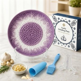 Ceramic Garlic Grater Plate Set with Rack & Cleaning Brush(Purple)