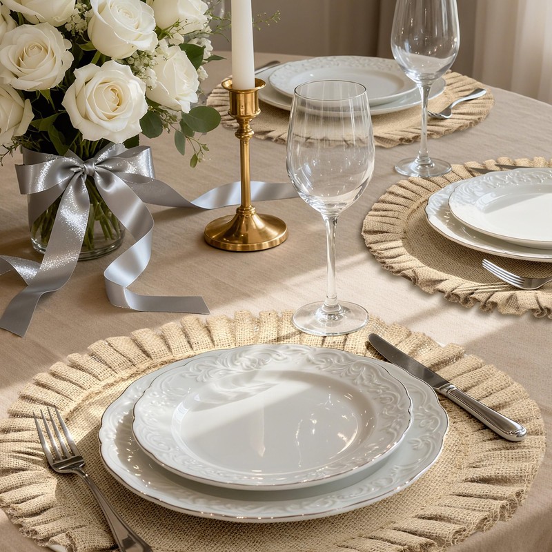 Aneco 6 Pack Round Burlap Placemats with Ruffle Edge