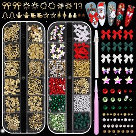 Christmas 3D Nail Charms and Gems, Red Bow Nail Charm, Metal Caviar Beads Nail Pearls, Gold Snowflake Christmas Tree Nails Art Studs Rivets Charms for Acrylic Nail Art DIY