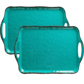 LEHAHA Large Farmhouse Melamine Serving Platters, Serving Tray with Handle for Food, Appetizer, Cupcakes, Dessert, Raised Edge Large Party Platter or TV Dinner Trays, 17.25x12 inch, Set of 2, Teal