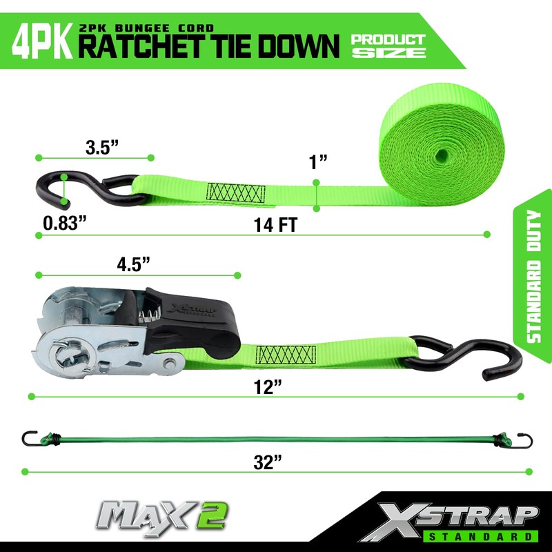 XSTRAP STANDARD Ratchet Tie Down Straps 4Pk 15Ft 1500Lb Break