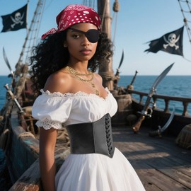 kasahara 4 Pcs Pirate Costume Accessories Women Pirate Bandanas Head Scarf Medieval Corset Eye Patch Necklace Jewelry Red & Black Corset