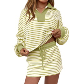 Fisoew Womens Striped 2 Piece Outfits Casual Sweatshirt Skirt Set Long Sleeve Skort Workout Set Matching Lounge Sets