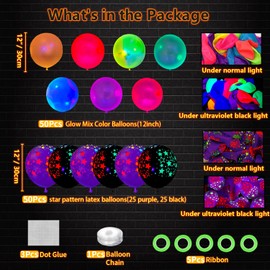109 Pack UV Neon Balloons Black Light Balloons Glow in The Dark Balloons Blacklight Reactive Fluorescent Stars Latex Balloons Assorted Colors Light Up Balloons Neon Party Supplies Glow Party Decor