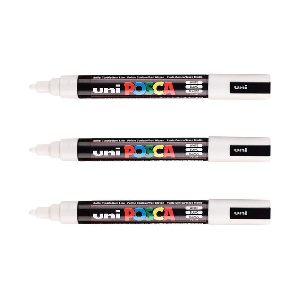 POSCA Mitsubishi Pencil - 3 White Marker PC5M - Tapered Tip - Water Based Marker - All Substrates - For Paper, Textiles, Glass, Pebbles, Wood etc