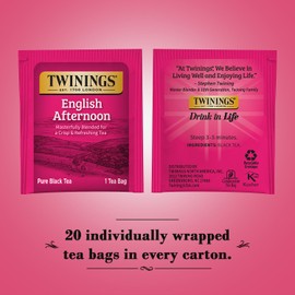Twinings Tea, English Afternoon Tea 2-Pack – Uplifting and Refreshing Caffeinated Black Tea Bags Individually Wrapped, 20 Count Each