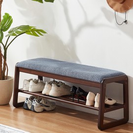 Achicsofar Shoe Rack Bench,2 Tier Solid Wooden Entryway Bench with Shoe Storage, Shoe Rack with Cushion for Living Room, Hallway(Grayish Blue, 39.4")