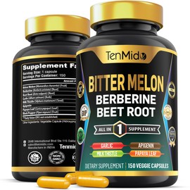 Tenmido Bitter Melon Capsules - 8in1 Formula - Combine with Berberine, Beet Root, Garlic, Milk Thistle, Apigenin, Papaya Leaf, and Black Pepper - 150 Vegan Capsules for 5 Months Supply